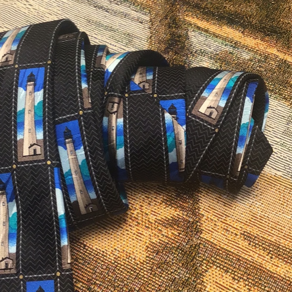 Divinity silk men’s necktie lighthouses blue black Matthew 5:16 inside